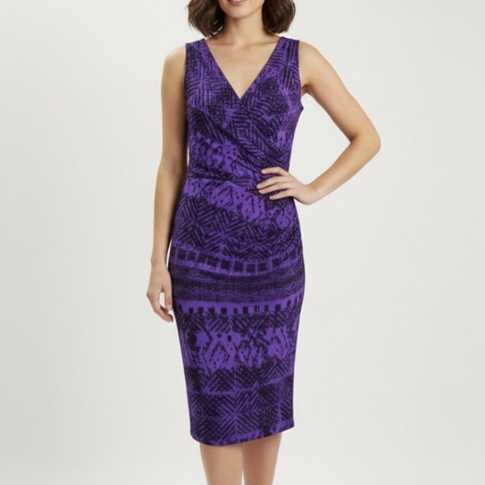 Ralph Lauren Purple Surplice V Neck Geometric Sleeveless Stretch Dress Size‎ 6